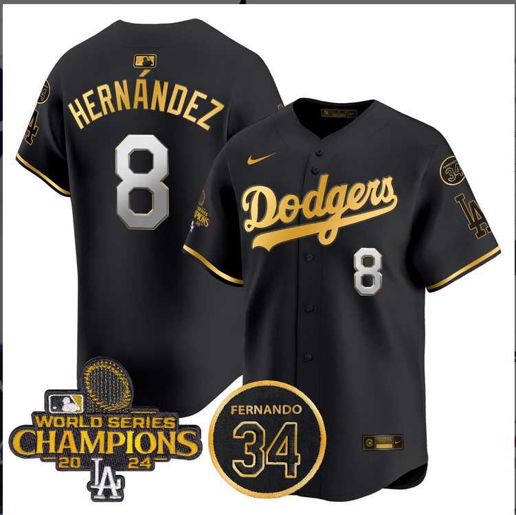 Men MLB Los Angeles Dodgers #8 Hernandez black 2024 World Series Champions Patch Limited Jersey